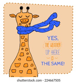 Giraffe in scarf hand drawn illustration. Vector illustration. Can be used for your design, cards, magnets etc.