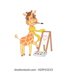 Giraffe In Scarf Painting Outlined Flat Vector Illustration In Cute Girly Cartoon Style Isolated On White Background