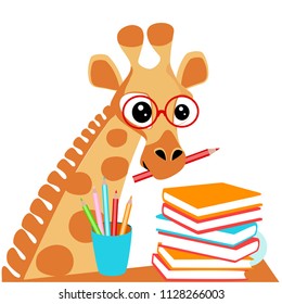 Giraffe with school supplies, textbooks and pencils