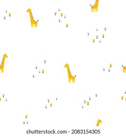 Giraffe seamless minimalistic pattern with flowers. Colorful cartoon characters on a white background. Hand-drawn illustrations in Scandinavian style. Ideal for baby test, clothing, wallpaper