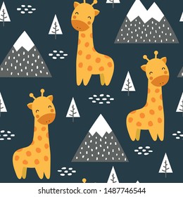 Giraffe Seamless Pattern Wallpaper with mountains and tree, Cartoon Child Room or Bed Cover Background, Animals Vector illustration