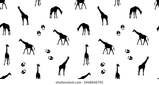 Giraffe. Ein Schatten. Die Silhouette einer Giraffe. Die Farbe ist schwarz. Tier. Langfleck. Giraffen-Tracks. Vektorgrafik. Auf weißem Hintergrund.