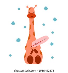 The giraffe is sick and measures the temperature with a thermometer. And there are viruses flying around.
