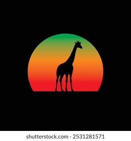 Giraffe silhouette against a striped retro sunset. Original vector illustration in vintage style isolated on light background. T-shirt design. Hand drawn, not AI