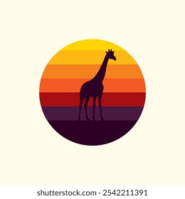 Giraffe silhouette against a striped retro sunset. Original vector illustration in vintage style isolated on light background. T-shirt design. Hand drawn, not AI