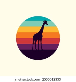 Giraffe silhouette against a striped retro sunset. Original vector illustration in vintage style isolated on light background. T-shirt design. Hand drawn, not AI