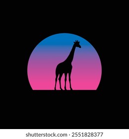 Giraffe silhouette against a striped retro sunset. Original vector illustration in vintage style. T-shirt design. Hand drawn, not AI