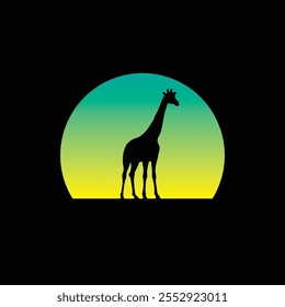 Giraffe silhouette against a striped retro sunset. Original vector illustration in vintage style. T-shirt design. Hand drawn, not AI