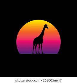 Giraffe silhouette against a striped retro sunset. Original vector illustration in vintage style isolated on light background. T-shirt design. Hand drawn, not AI