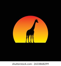Giraffe silhouette against a striped retro sunset. Original vector illustration in vintage style isolated on light background. T-shirt design. Hand drawn, not AI