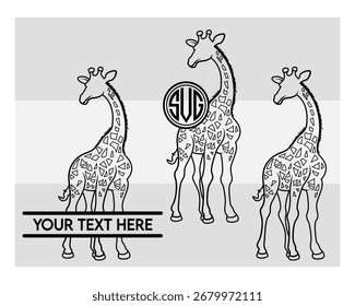 Giraffe Silhouette, Giraffe, Animal, Safari animal, African, Jungle Friends, African Safari Animal, Vector, clipart, outline, Silhouette, Eps, Giraffe Monogram, Split Monogram, Circle Monogram