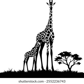 Giraffe, giraffe silhouette, animal vector illustration - Animal silhouette on the savannah. African landscape scene