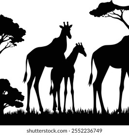 Giraffe, giraffe silhouette, animal vector illustration - Animal silhouette on the savannah. African landscape scene