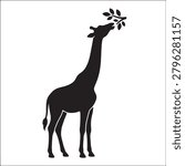 Giraffe silhouette eating leaves from branch for safari zoo education and nature wildlife design art.eps
