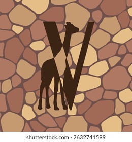 Giraffe silhouette family monogram. Letter V on white background