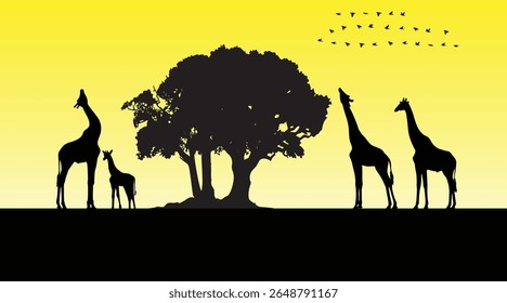 Giraffe silhouette with nature. Vector illustration.