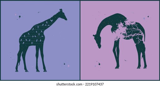 Giraffe silhouette. Night starry sky texture. Abstract animal shape set
