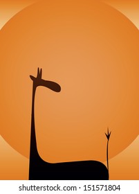giraffe silhouette on background as sky and sun