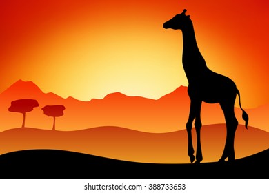 Giraffe silhouette savanna landscape nature sunset sunrise illustration vector