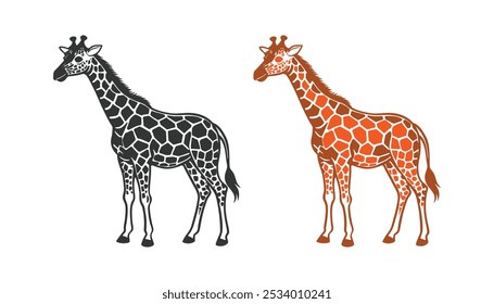 Girafa silhueta vetor ilustração design de arte. Projeto de vetor girafa isolado no fundo branco. Animais selvagens, criaturas selvagens, conceito de vida selvagem. Desenho animado em estilo plano.