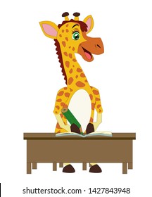 A giraffe sit at a desk reading and writing in a notebook