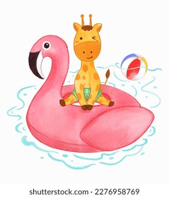 Giraffe sit on flamingo shape inflatable swim ring on water in swimming pool . Realistic watercolor paint with paper textured . Cartoon character design . Vector .