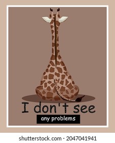 The giraffe sits with its back. Concept. Flat style. Poster. Stock Vector illustration. Beige background. Collection. Herbivorous african spotted animal. Cartoon. Funny design. Zoo.	