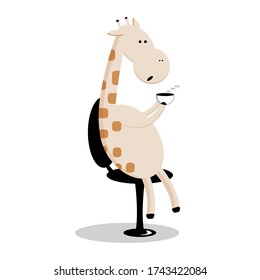 Giraffe sits in an office chair and drinks coffee. The office worker is resting.