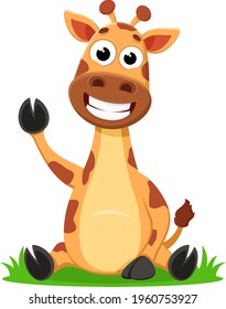 Giraffe sits, smiles and waves on a white background. The character
