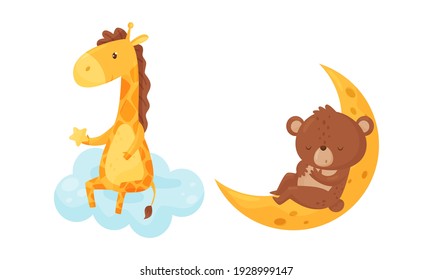 Giraffe Sitting on Cloud Holding Star and Bear Sleeping on on Crescent Moon Vector Set