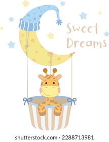 A giraffe is sitting on a moon and is in a cartoon style. Design for a children's bodysuit
