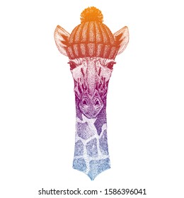 Giraffe. Ski, skier animal wearing woolen knitted hat. Christmas time. Cartoon character for little children. Kids print for tee. Nursery decor.