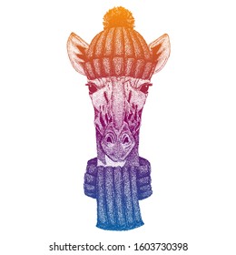 Giraffe. Ski, skier animal wearing woolen knitted hat. Christmas time. Cartoon character for little children. Kids print for shirts. Nursery decor.