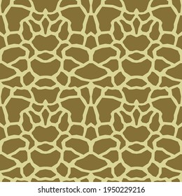 Giraffe skin texture, seamless pattern, repeating brown and yellow spots, background. Modern ornament of stylized skin. Vector illustration