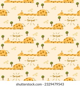 Giraffe sleep cartoon so cute. On tree mountain yellow background. Pattern seamless vector illustration.
