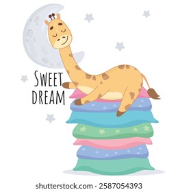 giraffe sleeping on pillows, giraffe and moon, moon and stars, night, sleep, dreams, sweet dreams, sweet dreams, giraffe relax, high, africa, giraffe sticker, fabric, funny, childhood