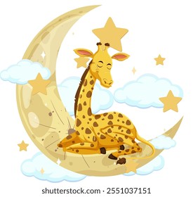 A giraffe sleeps peacefully on a crescent moon