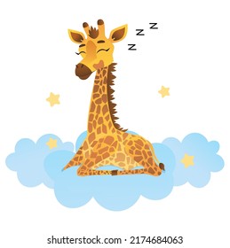 Giraffe sleeps sitting in the clouds and stars.. Vector illustration for designs, prints and patterns. Cartoon