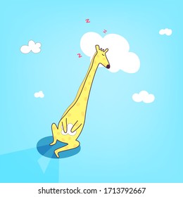 The giraffe slept using clouds as a pillow,Relax color concept,soft pastel color, vector illustration for graphic design, website, banner, card, artwork, background, textile