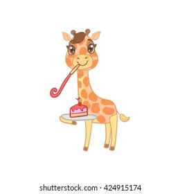 Giraffe With Slice Of Cake Outlined Flat Vector Illustration In Cute Girly Cartoon Style Isolated On White Background