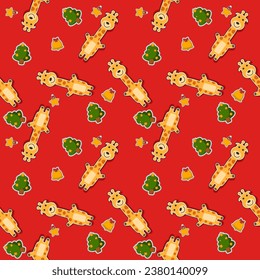 Giraffe smile cartoon so cute. On star tree bell red background. Pattern seamless vector illustration. 