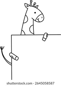 A giraffe with a smiling face peeks over a blank sign in a playful cartoon style. The cheerful animal holds the sign with its hooves, ready for your message. Cartoon vector illustration.