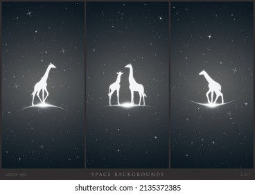 Giraffe in space. Set of endangered animal family and glowing outline