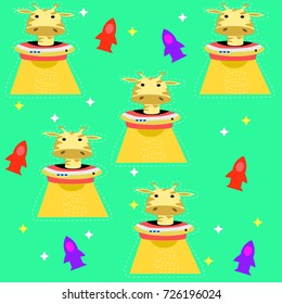 giraffe with space ship seamless pattern. vector cartoon illustration