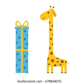 Giraffe with spot. Long neck. Cute cartoon character. Giftbox and bow. Happy Birthday greeting card. Baby collection. White background. Isolated. Flat design. Vector illustration