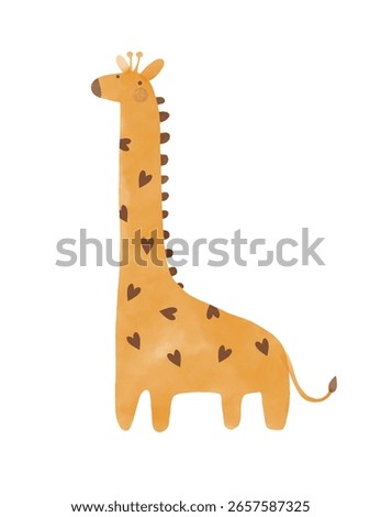 Giraffe With Spots Of Heart Shape. Nursery Vector Art with Cute Giraffe. Funny Hand Drawn Print with Giraffe on a White Background. Safari Animal. Infantile Drawing-like Funny African Animal. RGB.