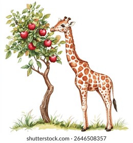 A giraffe with spotted brown and beige fur reaches for red apples on a lush apple tree. The image is detailed and vibrant, with a focus on the giraffe's expressive face and the tree's foliage.