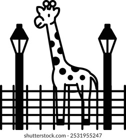 A giraffe standing in front of a fence with two street lamps behind it