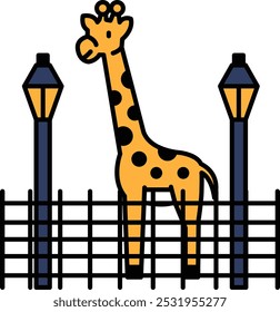 A giraffe standing in front of a fence with two street lamps behind it. The giraffe is looking at the camera