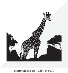 a giraffe is standing in front of a picture of a mountain